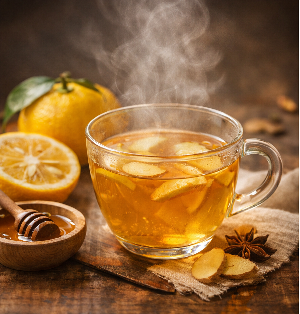 ゆずとジンジャーのティー（湯気のあるカップ）