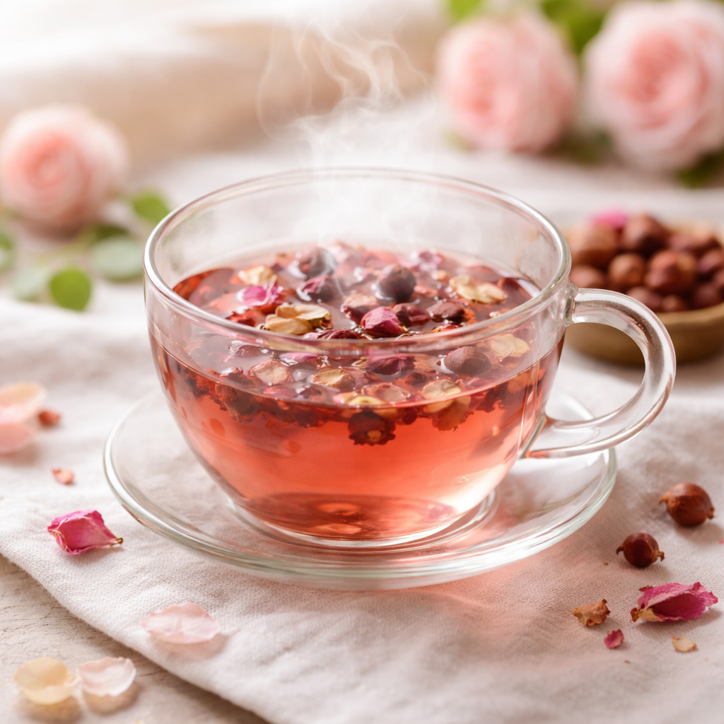 ローズとローズヒップのティー（湯気のあるカップ）